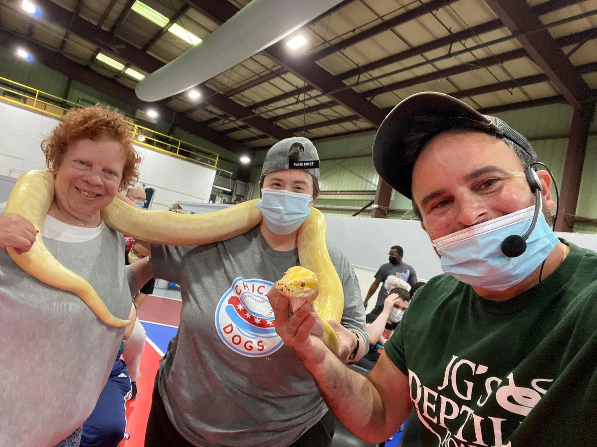 The team setting up before a large school assembly show